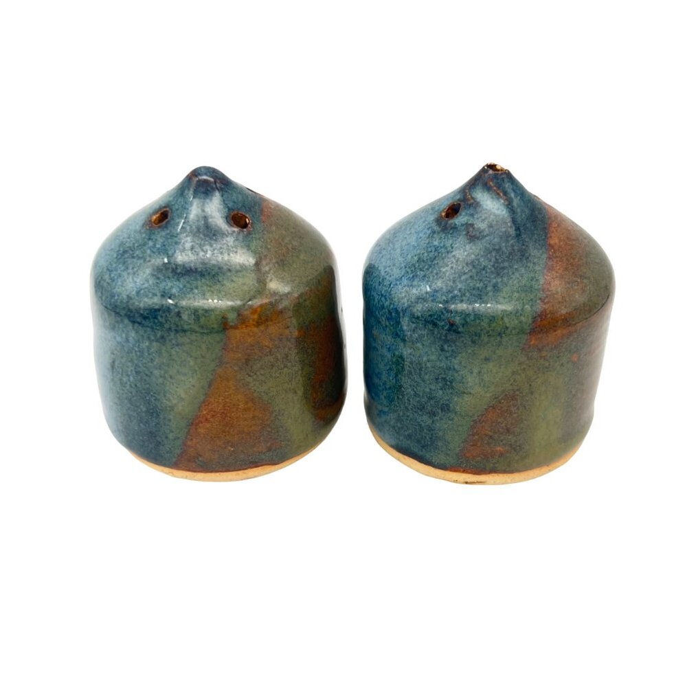 Handmade Ceramic Salt & Pepper Shakers Blue Brown Green Glaze By Kaye Chard